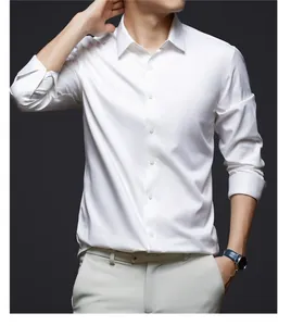 Close-up of premium men's white wrinkle-free dress shirt with luxury satin finish