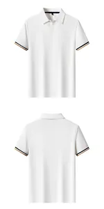 Front and back views of a white short-sleeve polo shirt with striped cuffs and V-neck