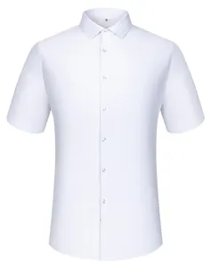 Front view of a breathable white short-sleeved men's shirt made with mulberry silk.