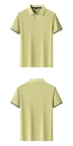 Front and back view of olive green short sleeve Polo shirt with seagull collar and striped cuffs