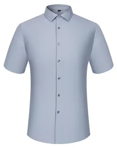 Close-up full front view of a light blue short-sleeved shirt with button-down collar