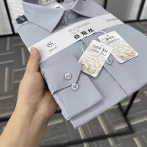 Close-up of mulberry silk and modal blend men's dress shirt showing fabric texture