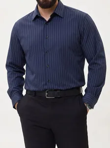 Detail view of a navy blue long-sleeved striped shirt with non-iron fabric for men.