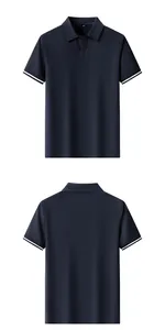 Front and back views of a navy blue business casual Polo shirt with gull collar