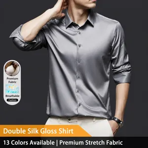 Men Business Formal Long Sleeve Shirt Satin Texture Non-Iron Wrinkle Resistant Solid Color Professional Office Casual Top