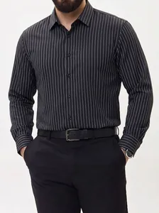 Close-up of men's black stretch pinstripe long-sleeved shirt with classic collar.
