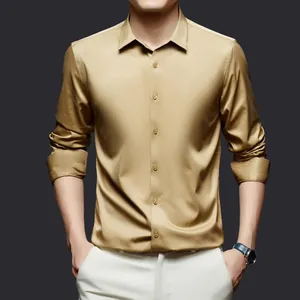 Elegant champagne gold satin men's dress shirt with long sleeves and formal style