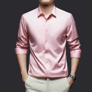 Elegant pink satin dress shirt for men, wrinkle-resistant business casual silk-like shirt.