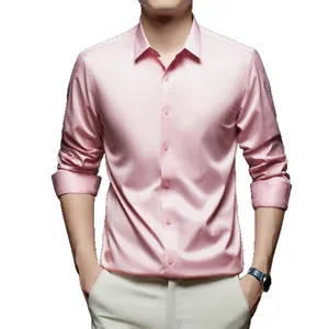 Men's pink satin long sleeve dress shirt with wrinkle-free silk texture for business