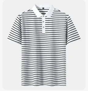 Vorderansicht Detail eines gestreiften Herren-Poloshirts in Weiß und Schwarz