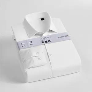 Classic white mulberry silk blend long sleeve dress shirt for men, neatly folded