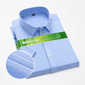 Light blue bamboo fiber short sleeve business shirt featuring a fine check texture