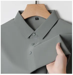 Detailed close-up showing the breathable ice silk fabric texture on a men's sage green polo shirt