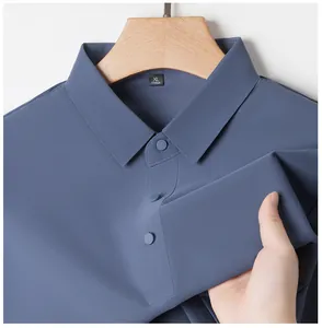 Close-up of blue ice silk polo shirt showing breathable mesh fabric texture and soft feel