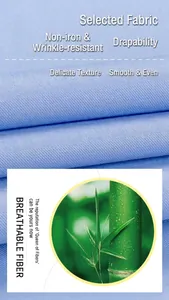 Detail view of light blue bamboo fiber shirt fabric with fine texture and wrinkle-resistant features