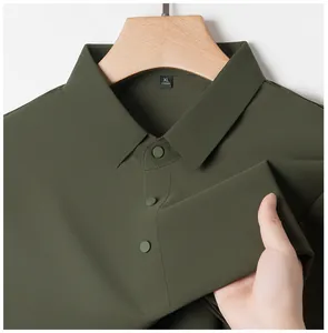 Close-up of olive green ice silk polo shirt showing breathable fabric texture