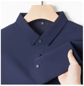 Detail of navy blue ice silk polo shirt showing breathable mesh texture and lapel