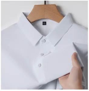 Close-up of white ice silk polo shirt showing breathable texture and collar detail