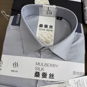 Close-up of premium mulberry silk blend men's dress shirt collar and fine fabric texture