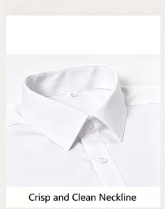 Detail view of a crisp white bamboo fiber men's shirt collar with white buttons