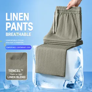 Detail view of breathable linen-blend trousers on ice, showcasing cool fabric texture