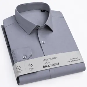 Premium mulberry silk long-sleeve shirt for men in an elegant grey business casual style