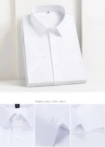 Close-up detail shots of white bamboo fiber short sleeve commute shirt for men