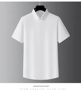 Front view of a crisp white short-sleeved men's mulberry silk business shirt on a black hanger