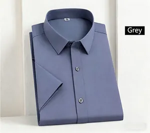 Detailed macro view of a grey bamboo fiber short sleeve men's professional dress shirt
