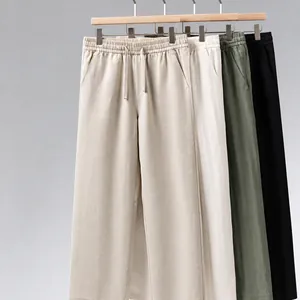 Breathable men's summer lyocell linen straight-leg casual drawstring long trousers