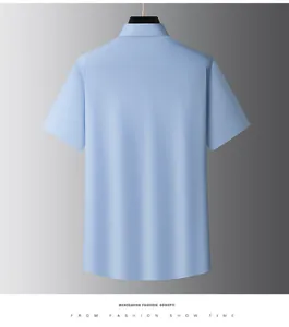 Back view of a premium men's light blue short-sleeved silk shirt for business and office