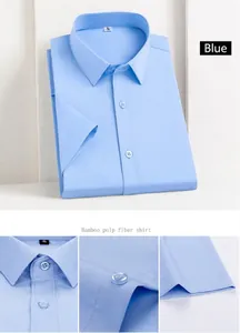 Details of a men's light blue bamboo fiber short sleeve shirt for summer.
