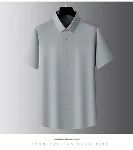 Front view of a grey men's short-sleeved silk business shirt with a classic lapel