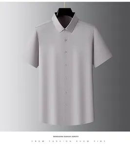 Front view detail of a premium gray mulberry silk short sleeve business shirt for men