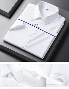 Detailed view of white non-iron cotton business shirt showing collar, buttons, and hem texture.