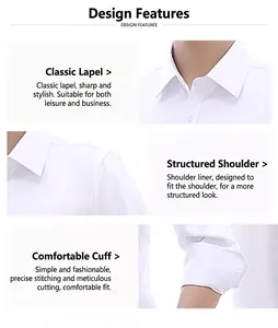 Detailed views of a white business shirt featuring collar, shoulder, and cuff designs.