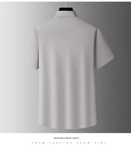 Detailed back view of a minimalist grey silk men's short sleeve business commute shirt