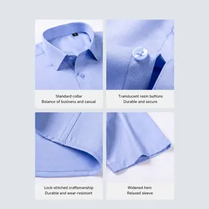 Detailed features of men's blue silk-blend short-sleeve shirt with resin buttons
