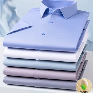 Premium wrinkle-resistant men's short-sleeved shirts in a stack of various colors