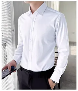 Detailed shot of a professional men's white long-sleeve dress shirt with clean collar