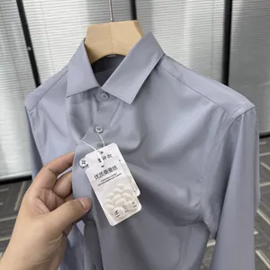 Men's premium mulberry silk and modal blend formal dress shirt in light blue-gray texture