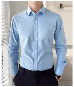 Detail of a men's light blue long-sleeve business dress shirt with a crisp button-down front.