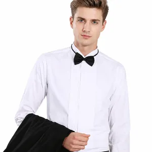 Elegant white pleated tuxedo shirt with black bowtie for formal wedding wear