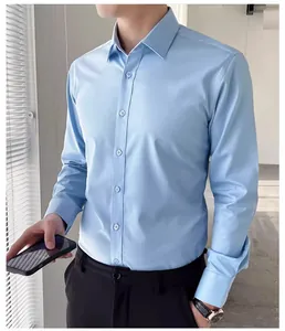 Detailed view of light blue men's slim-fit business dress shirt for professional use