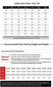 Professional women's business shirt size chart with length, shoulder, and chest measurements