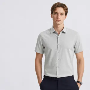 Chemise à Manches Courtes pour Hommes en Lin et Modal Business Décontracté Sans Repassage Couleur Unie Respirant Coupe Ajustée Top