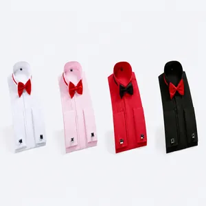 Detailed color view of formal tuxedo shirts with stand collars and matching bow ties.