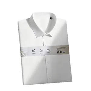 Men's white mulberry silk short-sleeve dress shirt with fold-down collar and slim fit