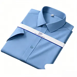 Premium men's short-sleeved non-iron cotton business dress shirt in light blue finish.