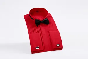 Elegant red tuxedo shirt with wing collar, black bow tie, and formal silver cufflinks.